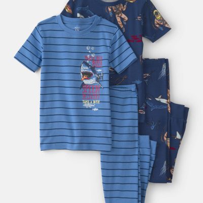 Boys Boat 100% Cotton Snug Fit 4-Piece Pajama Set - Blue