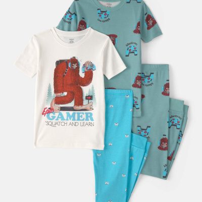 Boys Bigfoot Gamer 100% Cotton Snug Fit 4-Piece Pajama Set - Blue/Ivory