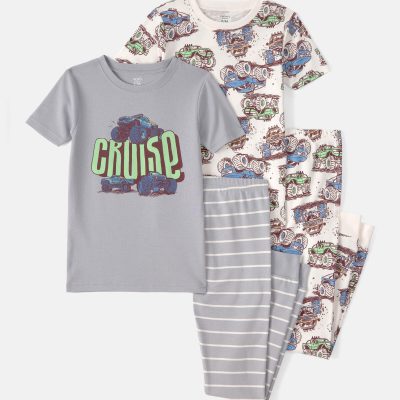Boys Monster Truck 100% Cotton Snug Fit 4-Piece Pajama Set - Grey