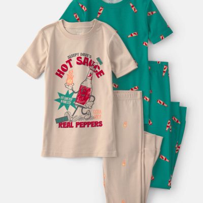 Boys Hot Sauce 100% Cotton Snug Fit 4-Piece Pajama Set - Tan/Green