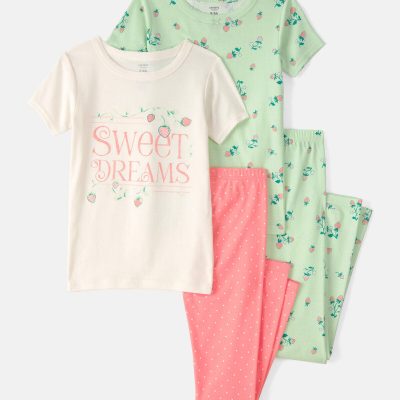 Girls Strawberry 100% Cotton Snug Fit 4-Piece Pajama Set - Green/Pink