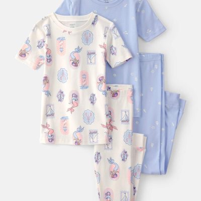 Girls Mermaid 100% Cotton Snug Fit 4-Piece Pajama Set - Blue/Ivory