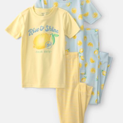 Girls Lemon 100% Cotton Snug Fit 4-Piece Pajama Set - Blue/Yellow