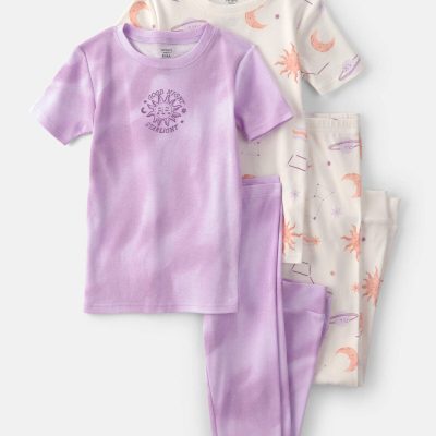 Girls Space Constellation Tie-Dye 100% Cotton Snug Fit 4-Piece Pajama Set - Purple