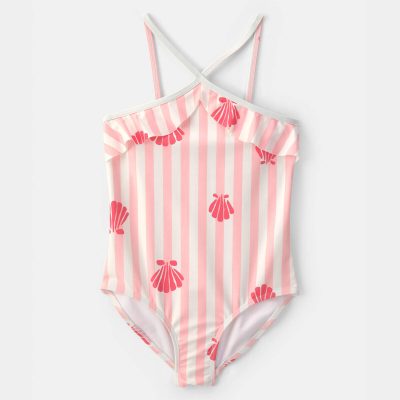 Girls 1-Piece Shell Striped Swimsuit - Pink