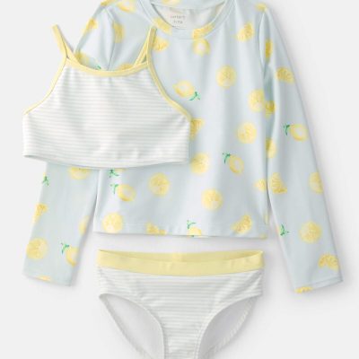 Girls 3-Piece Lemon Striped Rashguard Swimsuit Set - Blue