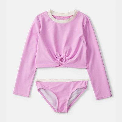 Girls 2-Piece Long-Sleeve Rashguard Swimsuit Set - Pink