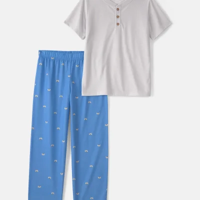 Boys Gaming Solid Loose Fit 2-Piece Pajama Set - Grey/Blue