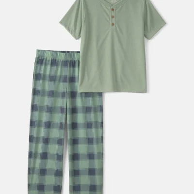 Boys Plaid Loose Fit 2-Piece Pajama Set - Green