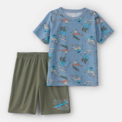 Boys 2-Piece Skateboard Short-Sleeve Loose Fit 2-Piece Pajama Set - Blue/Green