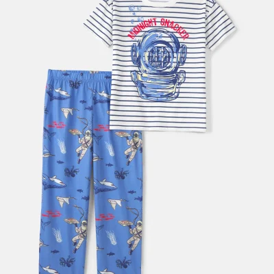 Boys Shark Loose Fit 2-Piece Pajama Set - Blue/Ivory
