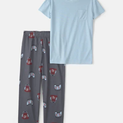 Boys Gaming Loose Fit 2-Piece Pajama Set - Blue/Grey