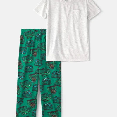 Boys Monster Truck Loose Fit 2-Piece Pajama Set - Grey/Green