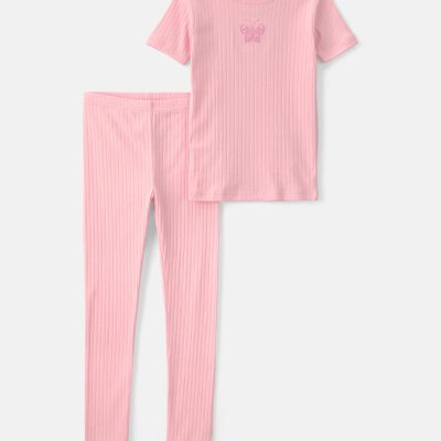 Girls Butterfly Rib Snug Fit 2-Piece Pajama Set - Pink