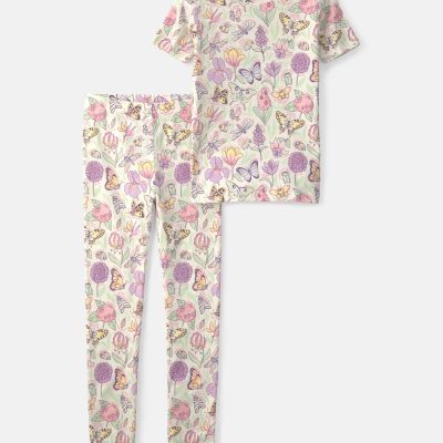 Girls Butterfly 100% Cotton Snug Fit 2-Piece Pajama Set - Cream