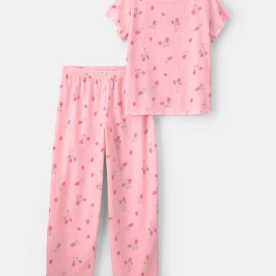 Girls Strawberry Rib Loose Fit 2-Piece Pajama Set - Pink