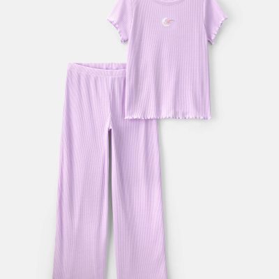 Girls Moon Rib Loose Fit 2-Piece Pajama Set - Purple