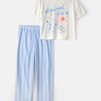 Girls 'Weekend Vibes' Striped Loose Fit 2-Piece Pajama Set - Blue/Ivory