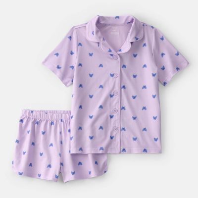 Girls Butterfly Short-Sleeve Loose Fit 2-Piece Pajama Set - Purple