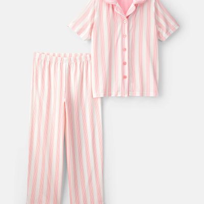 Girls Striped Loose Fit 2-Piece Pajama Set - Pink/Ivory
