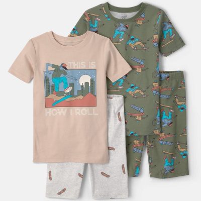 Boys Skateboard Cotton Short-Sleeve Snug Fit 4-Piece Pajama Set - Green/Brown
