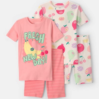 Girls Fruit 100% Cotton Short-Sleeve Snug Fit 4-Piece Pajama Set - Pink