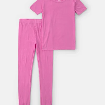Girls PurelySoft Short-Sleeve Snug Fit 2-Piece Pajama Set - Pink