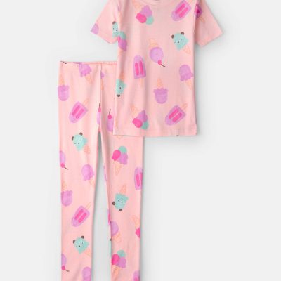 Girls Ice Cream 100% Cotton Short-Sleeve Snug Fit 2-Piece Pajama Set - Pink