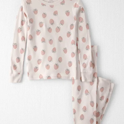 Girls 2-Piece Organic Cotton Ribbed Pajama Set in Strawberry Print