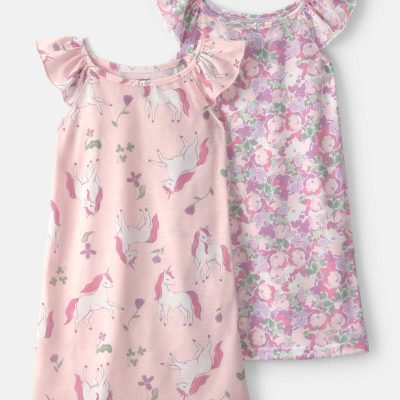 Girls 2-Pack Unicorn Floral Loose Fit Night Gown - Pink