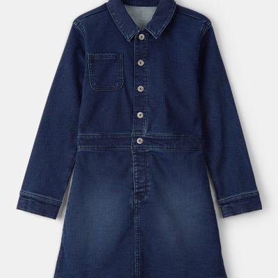 Girls Dark Wash Denim Long-Sleeve Dress - Blue