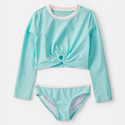 Girls 2-Piece Long-Sleeve Rashguard Swimsuit Set - Turquoise
