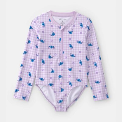 Girls Disney© Lilo & Stitch Gingham 1-Piece Rashguard Swimsuit - Purple/Blue