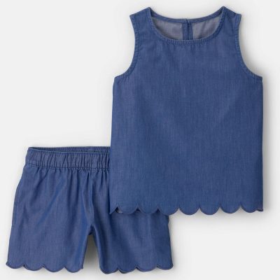 Girls 2-Piece Scallop Chambray Top & Short Set - Blue
