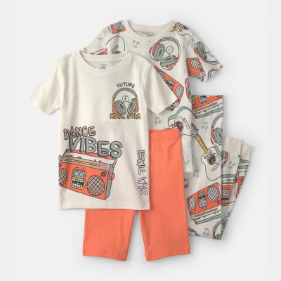 Boys 'Dance Vibes' 100% Cotton 4-Piece Pajama Set - Ivory/Orange