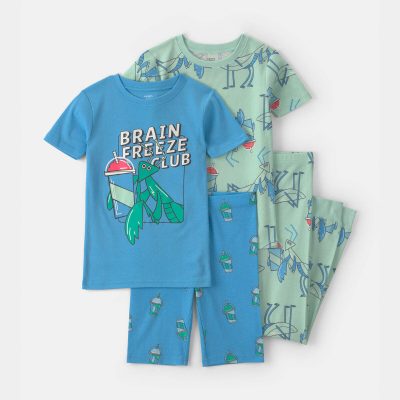Boys 'Brain Freeze Club' 100% Cotton 4-Piece Pajama Set - Blue/Green