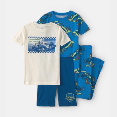 Boys Race Car 100% Cotton 4-Piece Pajama Set - Blue/White