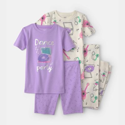 Girls Dance Party 100% Cotton 4-Piece Pajama Set - Purple