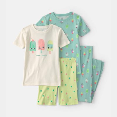 Girls 'Sweet Squad' Popsicle 100% Cotton 4-Piece Pajama Set - Blue/Green