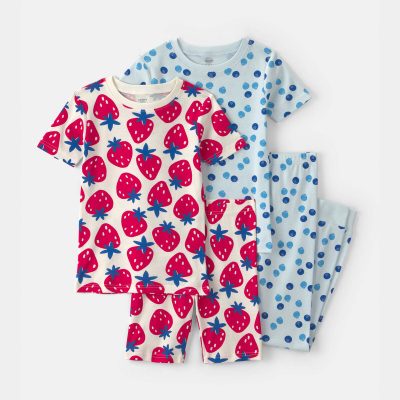 Girls Fruit 100% Cotton 4-Piece Pajama Set - Red/Blue