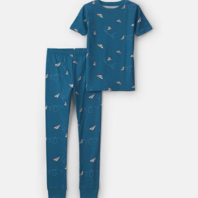 Boys Paper Airplane 100% Cotton 2-Piece Pajama Set - Navy Blue