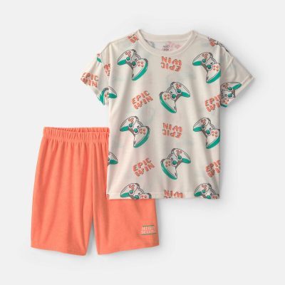 Boys 2-Piece Gaming Short-Sleeve Pajama Set - Ivory/Orange