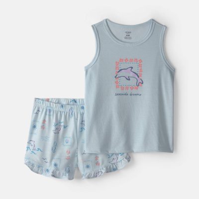 Girls 2-Piece Dolphin Sleeveless Pajama Set - Blue