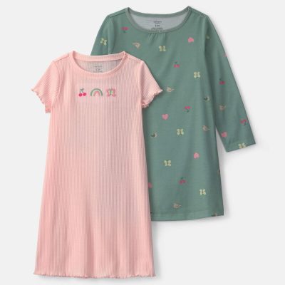 Girls 2-Pack Butterfly Night Gowns - Pink/Green