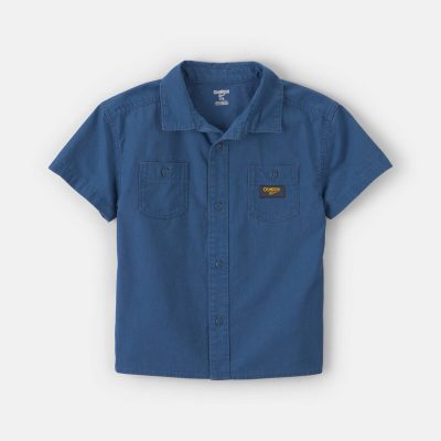 Boys Canvas Short-Sleeve Button-Down Shirt - Navy Blue