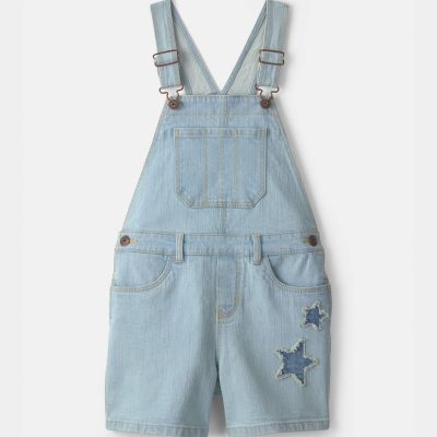Girls Star Embellished Denim Shortall - Light Wash