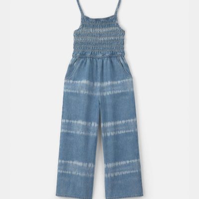 Girls Tie-Dye Smocked Denim Wide-Leg Jumpsuit - Medium Wash