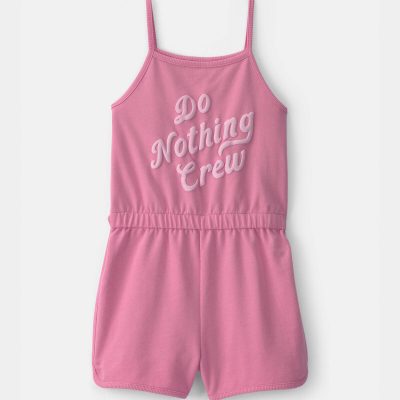 Girls 'Do Nothing Crew' French Terry Romper - Pink
