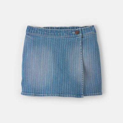 Girls Rainbow Stripe Denim Wrap Skort - Medium Wash