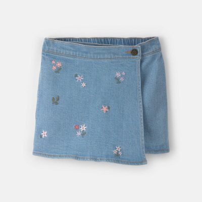 Girls Floral Embroidered Denim Wrap Skort - Medium Wash